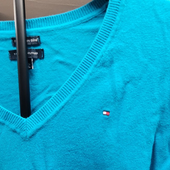 Tommy Hilfiger Women's V Neck Sweater Teal Pima Cotton Blend Size XL Preppy - Picture 2 of 3
